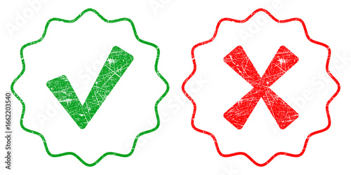 Green tick and red cross grunge stamp icons isolated on transparent background, representing right and wrong choices