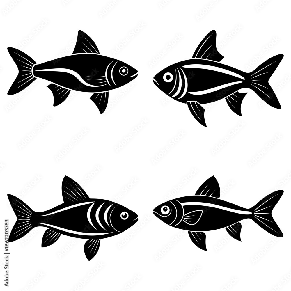 Fototapeta premium Four black and white stylized fish swimming in different directions on a white background design element