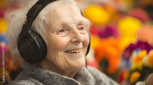 Happy Elderly Woman Listening Music with Headphones
