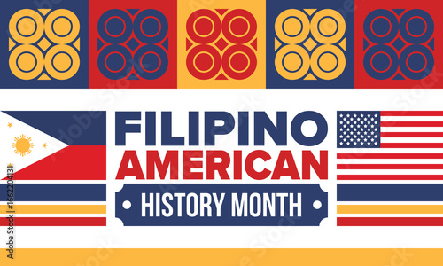 Filipino American History Month. Happy holiday celebrate annual in October. Filipinos and United States flag. Culture month. Patriotic design. Poster, card, banner, template. Vector illustration