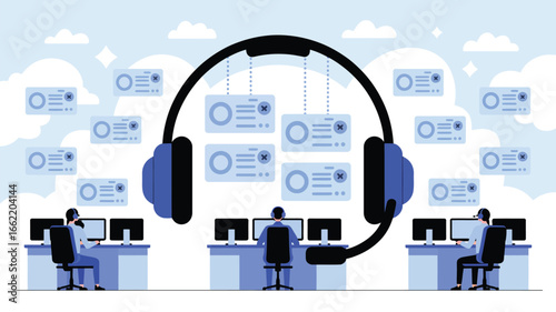 Illustration of call center agents working with headsets and floating data panels in a light blue theme