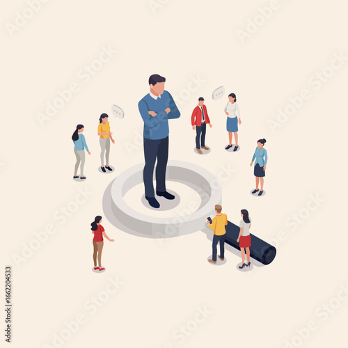 isometric vector concept business people around big magnifying glass and man with arms folded on chest, in color on white background, search or recruitment
