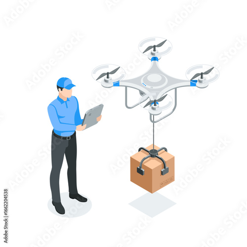 isometric vector man with tablet controls drone transporting a box, in color on white background, technology or drone operator and modern parcel delivery