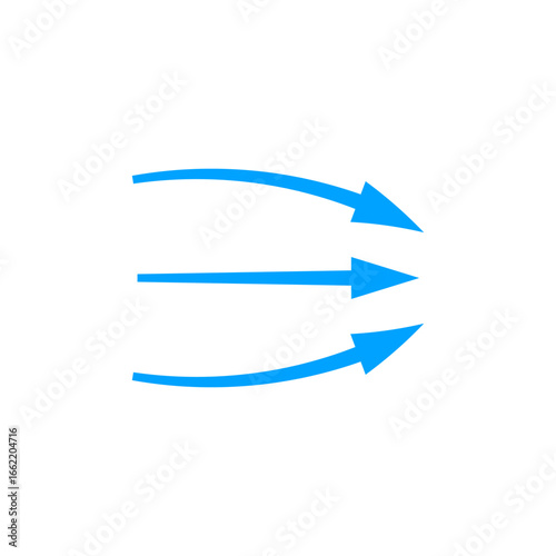 Three blue arrows displaying motion and direction. one is straight, and two curve upward and downward.