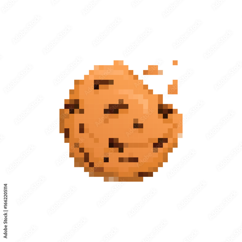 Fototapeta premium Pixelated cookie icon with distinct chocolate chips and a missing chunk, designed in a mosaic style.