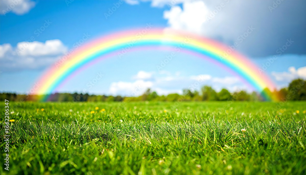 Naklejka premium 草原に架かる鮮やかな虹。レインボー。A vibrant rainbow over the grassland.