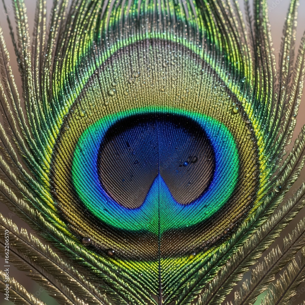 Obraz premium Closeup macro shot of a peacock feather showing its intricate eye pattern with vibrant blue, green, and gold iridescent colors