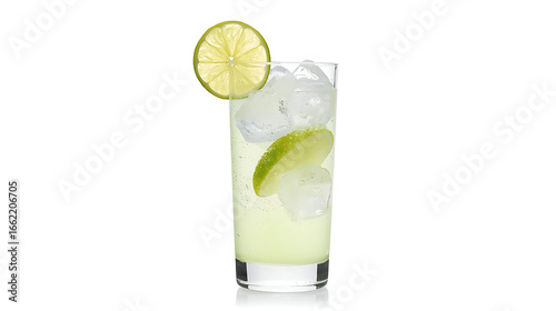 The image showcases a highball glass filled with a lime-based beverage, adorned with a lime wedge, ice cubes, and a lime rim, showcasing its refreshing qualities.