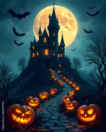 A spooky haunted castle on a hill under a full moon with a path of glowing jack-o'-lanterns.