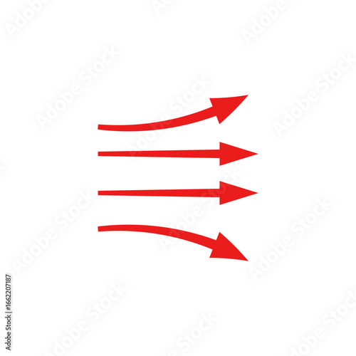 Red arrows in dynamic curved lines, showing direction and fluid motion with a sense of speed.