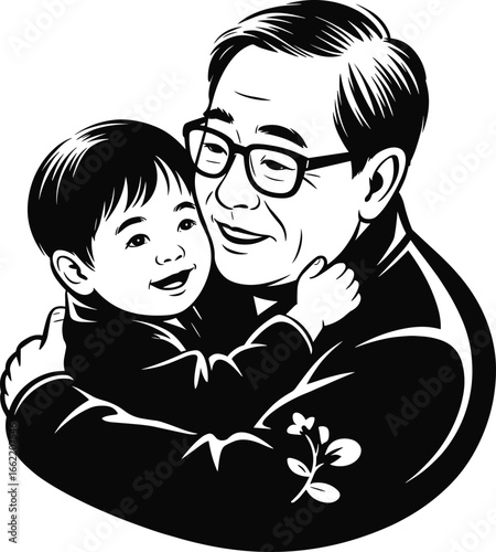 Grandfather lovingly holding and embracing his grandson, a timeless and heartwarming black-and-white vector illustration of family love and generations.