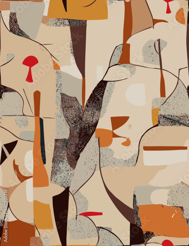 Mid Century Style Abstract Pattern with some shapes reminiscent of trees. Vector illustration, seamless pattern