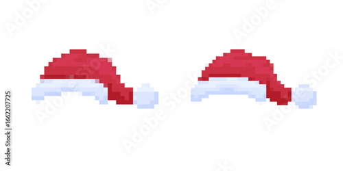 Two pixel art santa hats and beards evoke a retro holiday theme, perfect for christmas designs.