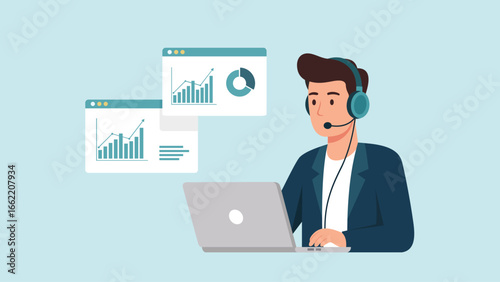 Customer service agent analyzes business data, offering expert support and insightful solutions online