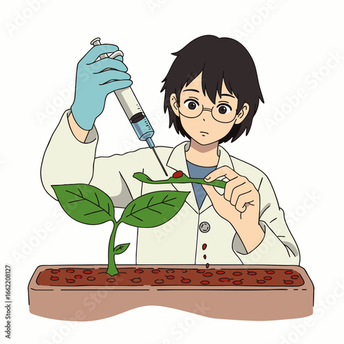 An animated scientist in a lab coat carefully injects a liquid into a delicate plant sprout, symbolizing botanical research and genetic modification.
