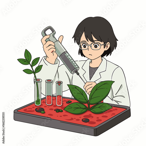 A focused scientist meticulously injects a solution into a growing plant, conducting a vital biological experiment in a controlled laboratory setting.
