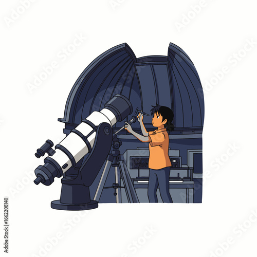 A curious young astronomer meticulously adjusts a powerful telescope within a grand observatory dome, gazing towards the mysteries of the night sky.