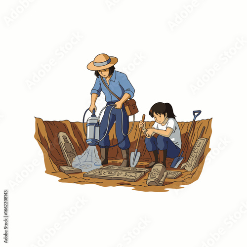 This vibrant illustration captures two diligent archaeologists, an adult and a child, meticulously excavating ancient artifacts at a historical dig site.