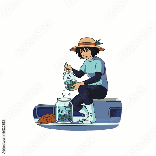 A person in a straw hat meticulously creates miniature self-sustaining ecosystems within glass jars, demonstrating a fascinating connection with nature and scientific curiosity.