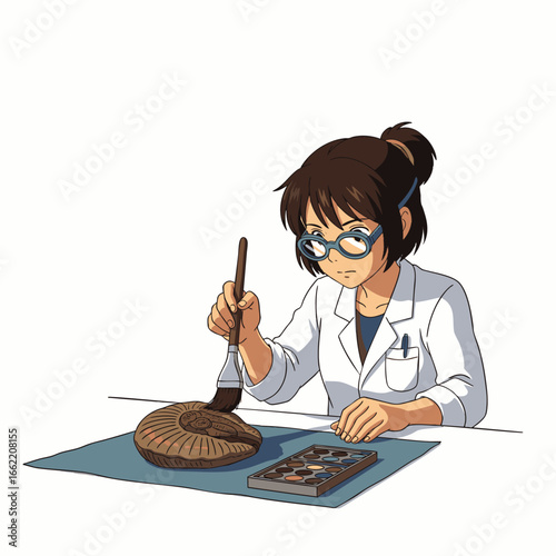 A focused female scientist in a lab coat and glasses meticulously cleans an ancient fossil with a brush, engaged in detailed paleontological research.