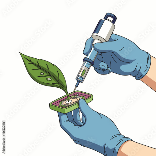 Gloved hands meticulously inject a solution into a green leaf, illustrating a scientific experiment in plant biology, genetic modification, or agricultural research.