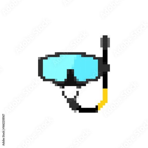 Pixelated mosaic icon of snorkeling gear with blue goggles and black snorkel in retro style.