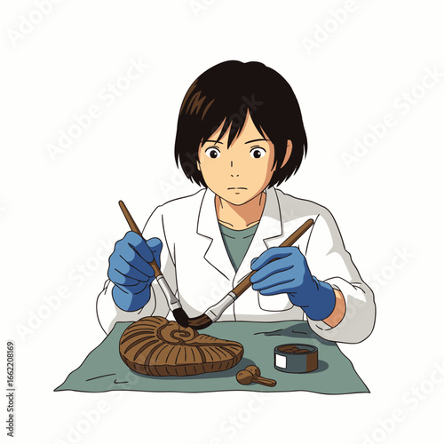 A diligent anime-style paleontologist meticulously cleans an ancient ammonite fossil with a delicate brush, showcasing scientific research and discovery.