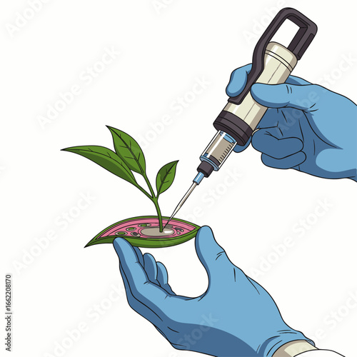 Gloved hands carefully inject a solution into a small green plant and a cross-sectioned leaf, illustrating advanced biotechnology and genetic modification research.