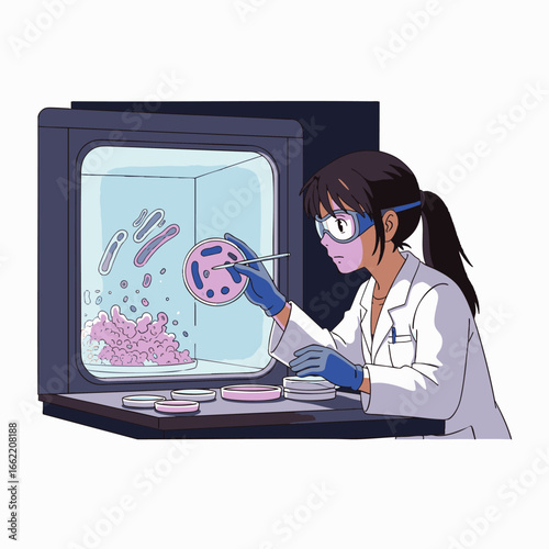 A dedicated female scientist meticulously conducts microbiological research in a sterile laboratory environment, examining cell cultures for scientific discovery.