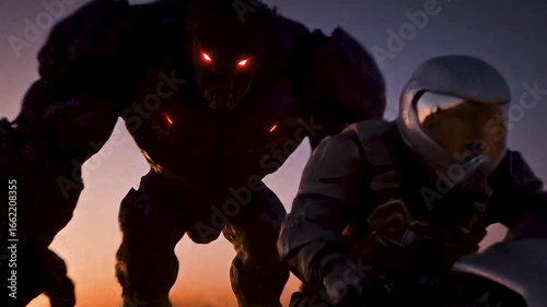 a thrilling scene of a person on a futuristic motorcycle being chased by a giant hulking monster with red eyes through a desert at sunset