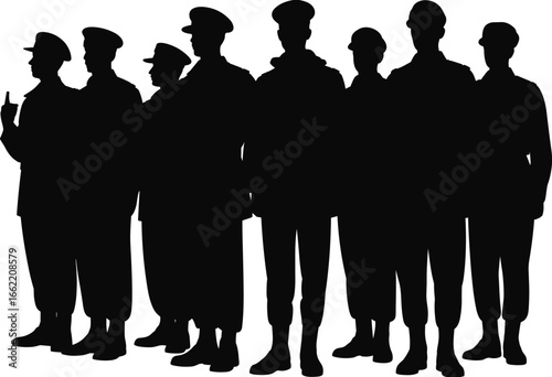 Vector silhouette of a group of uniformed police officers, symbolizing law enforcement, authority, and public safety on an isolated white background.