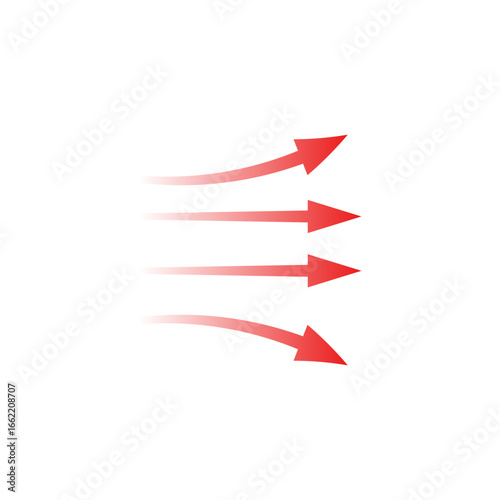 Red arrows display dynamic flow and motion, illustrating direction and aerodynamic properties.