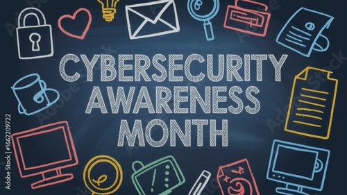 Cybersecurity awareness month concept with chalk drawing of icons on a blackboard to promote online safety and data protection for individuals