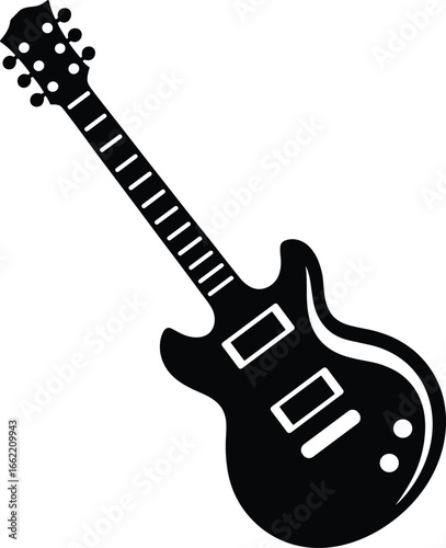 Black electric guitar silhouette vector illustration, a symbol of rock and roll, music, and performance, on an isolated white background.