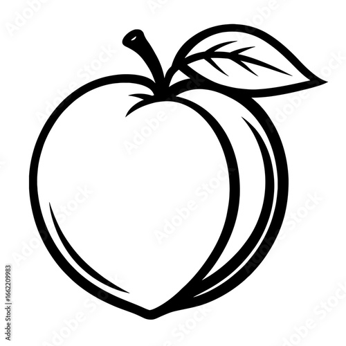 Peach Fruit Vector Illustration - Black And White With Leaf Icon