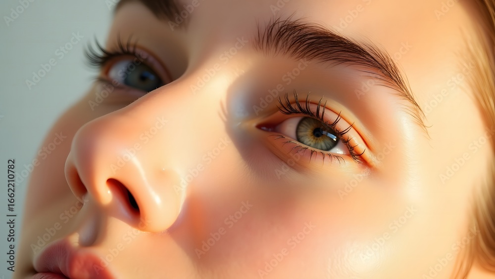 Fototapeta premium Macro close-up of a young woman's face, highlighting healthy skin and eyes, Extreme detail of a female model's flawless skin, eyelashes, and eyebrows, A high-resolution shot capturing the beauty
