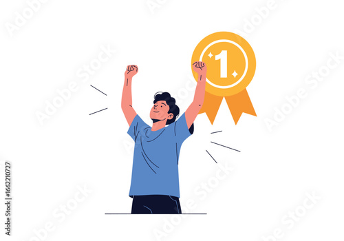Man celebrating achieving number one position with gold medal and ribbon vector illustration