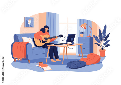 Creative musician learning guitar chords and practicing music online at home