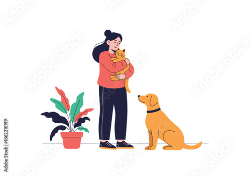 Woman holding cat looks at dog standing by plant companion animal friends