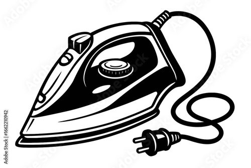 A black and white doodle-style illustration of a classic clothes iron with a cord and plug. Ideal for household, laundry, or domestic themes.