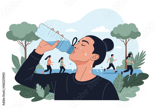 Hydration after outdoor morning workout with people jogging in the background