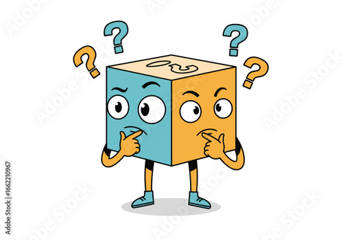 Cartoon cube character pondering difficult questions symbolizing confusion and uncertainty