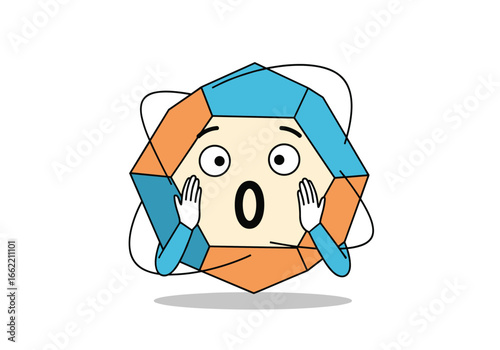 Animated geometric shape expressing shock and surprise with wide open eyes and hands on cheeks