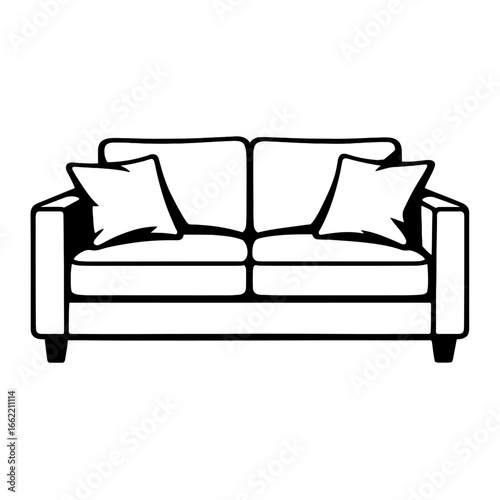 A black and white doodle-style illustration of a comfortable two-seater couch with pillows. Ideal for furniture, living room, or home themes.