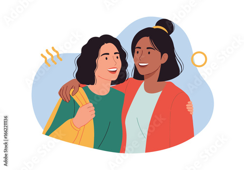 Two happy women friends walking together arm around each other enjoying their day