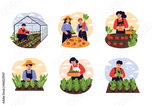 Diverse farmers cultivating fresh produce in greenhouse and open field settings