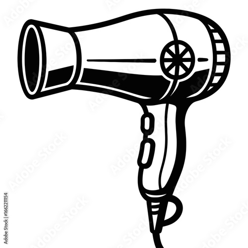 A black and white doodle-style illustration of a hair dryer. Ideal for beauty, grooming, or household themes.