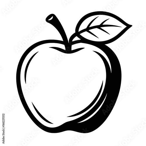 Apple Vector Illustration - Black And White Fruit With Leaf Icon