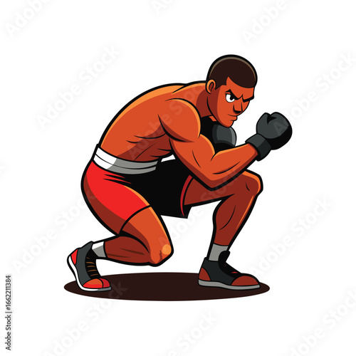 Boxer Crouching Low in Defensive Stance Illustration