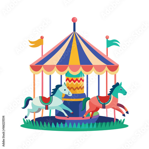 Carousel with Painted Horses and Bright Lights